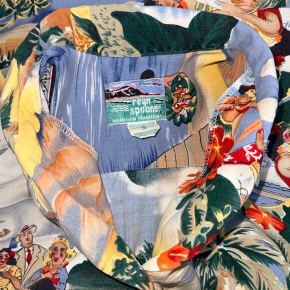 Reyn Spooner Hawaiian Traditions Men Rayon Shirt Small Hula Island Scene Vintage - Picture 4 of 10